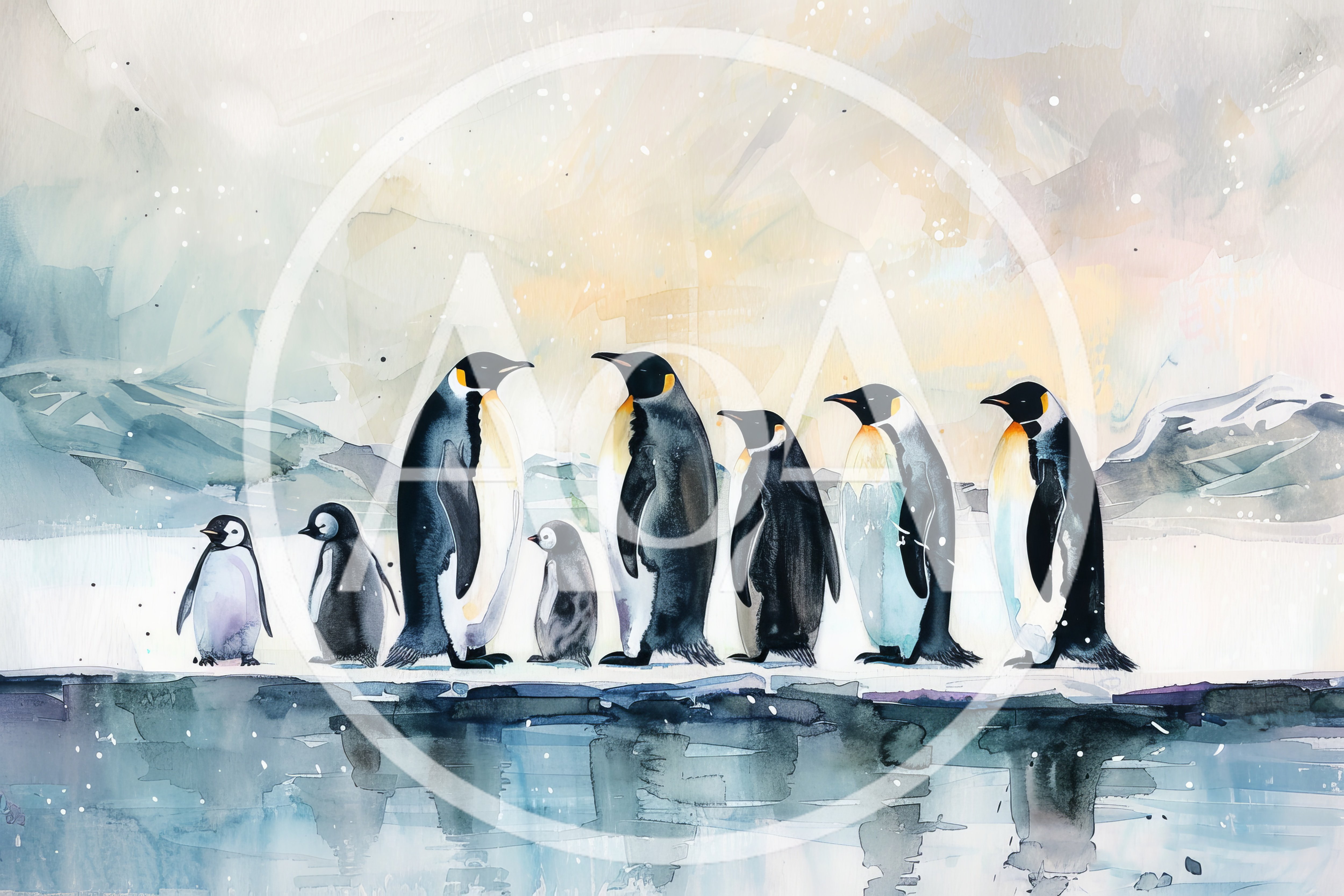 Watercolor Illustration Of Emperor Penguins On Ice