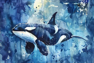 Watercolor Painting Of An Orca Swimming In Deep Blue