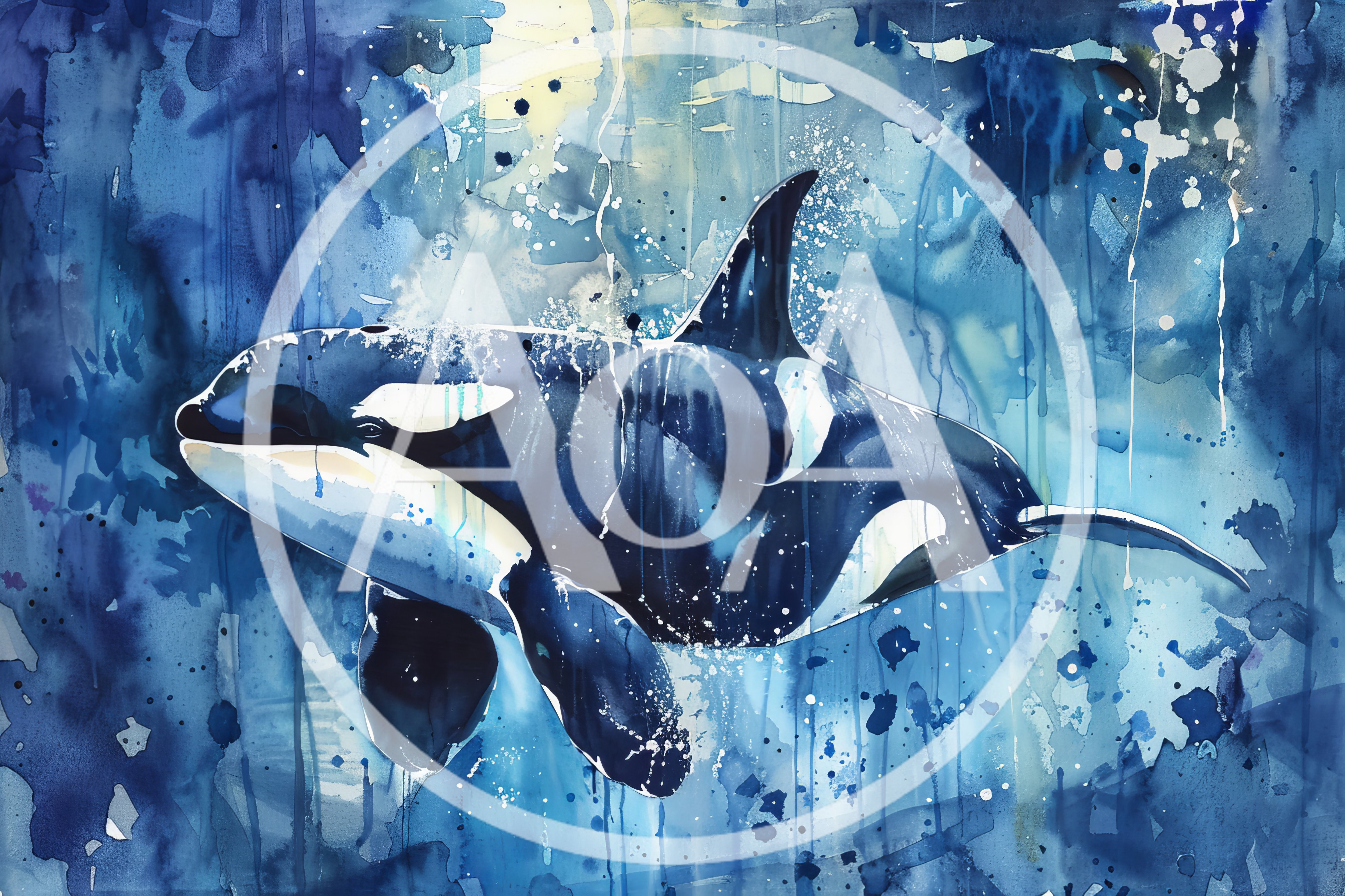 Watercolor Painting Of An Orca Swimming In Deep Blue