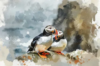 Two Atlantic Puffins Perched Together On A Rocky Cliff