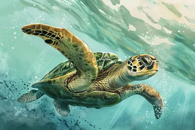 Sea Turtle Swimming Through Tropical Ocean Waters