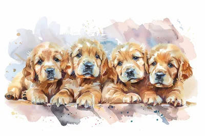 Four Adorable Golden Retriever Puppies Watercolor Illustration