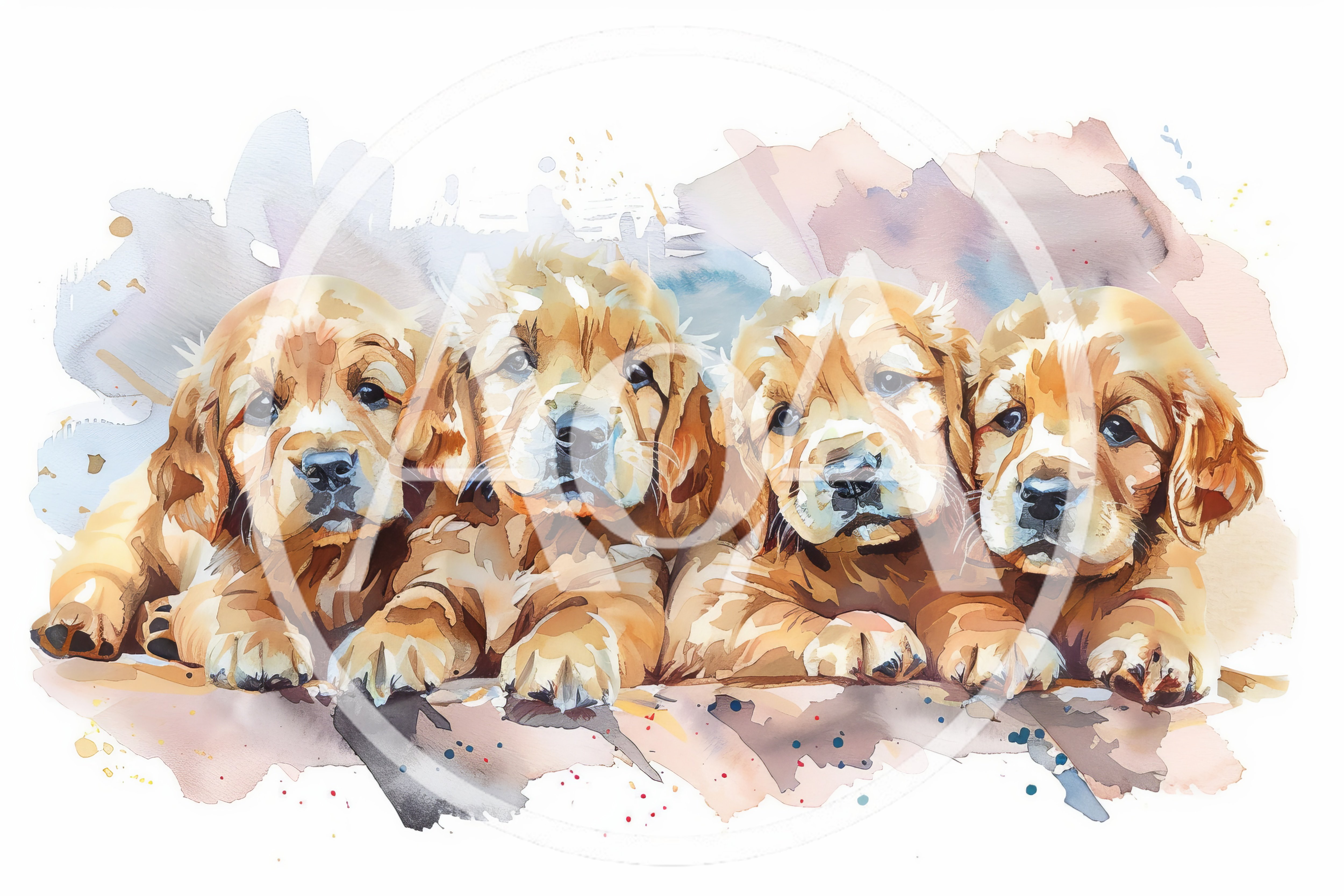 Four Adorable Golden Retriever Puppies Watercolor Illustration
