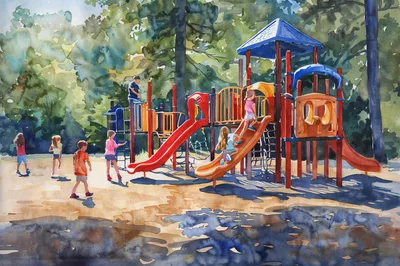 Children Playing On A Colorful Outdoor Playground