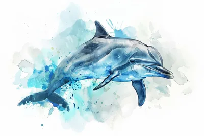 Watercolor Illustration Of A Swimming Bottlenose Dolphin