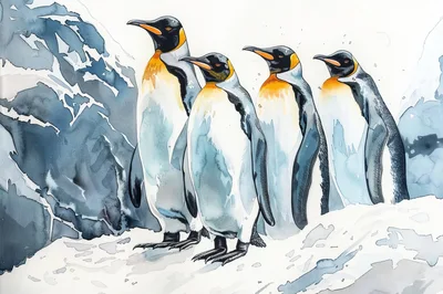 Watercolor Illustration Of Four King Penguins
