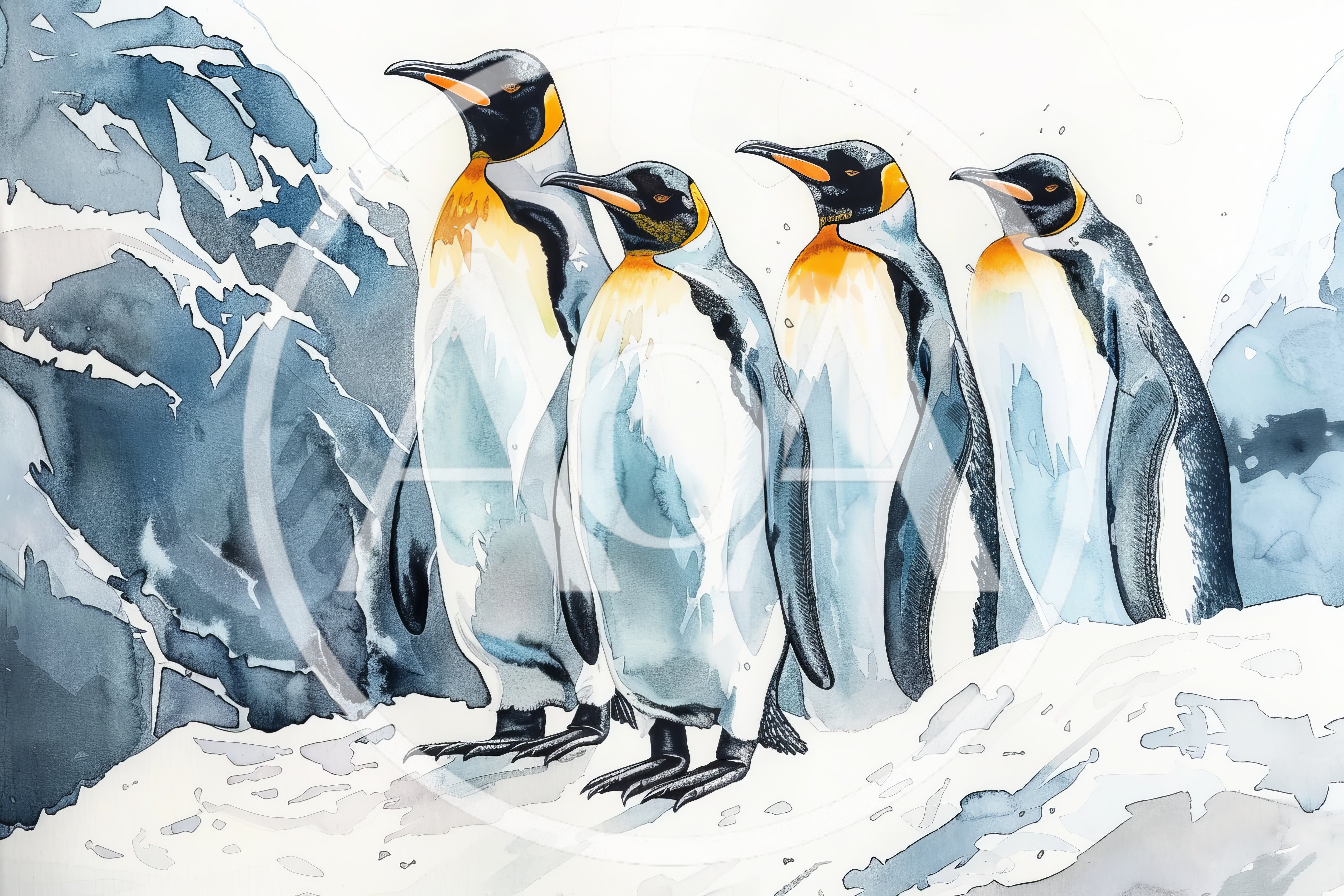 Watercolor Illustration Of Four King Penguins