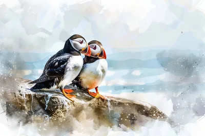 Two Atlantic Puffins Perched Together On A Rocky Cliff