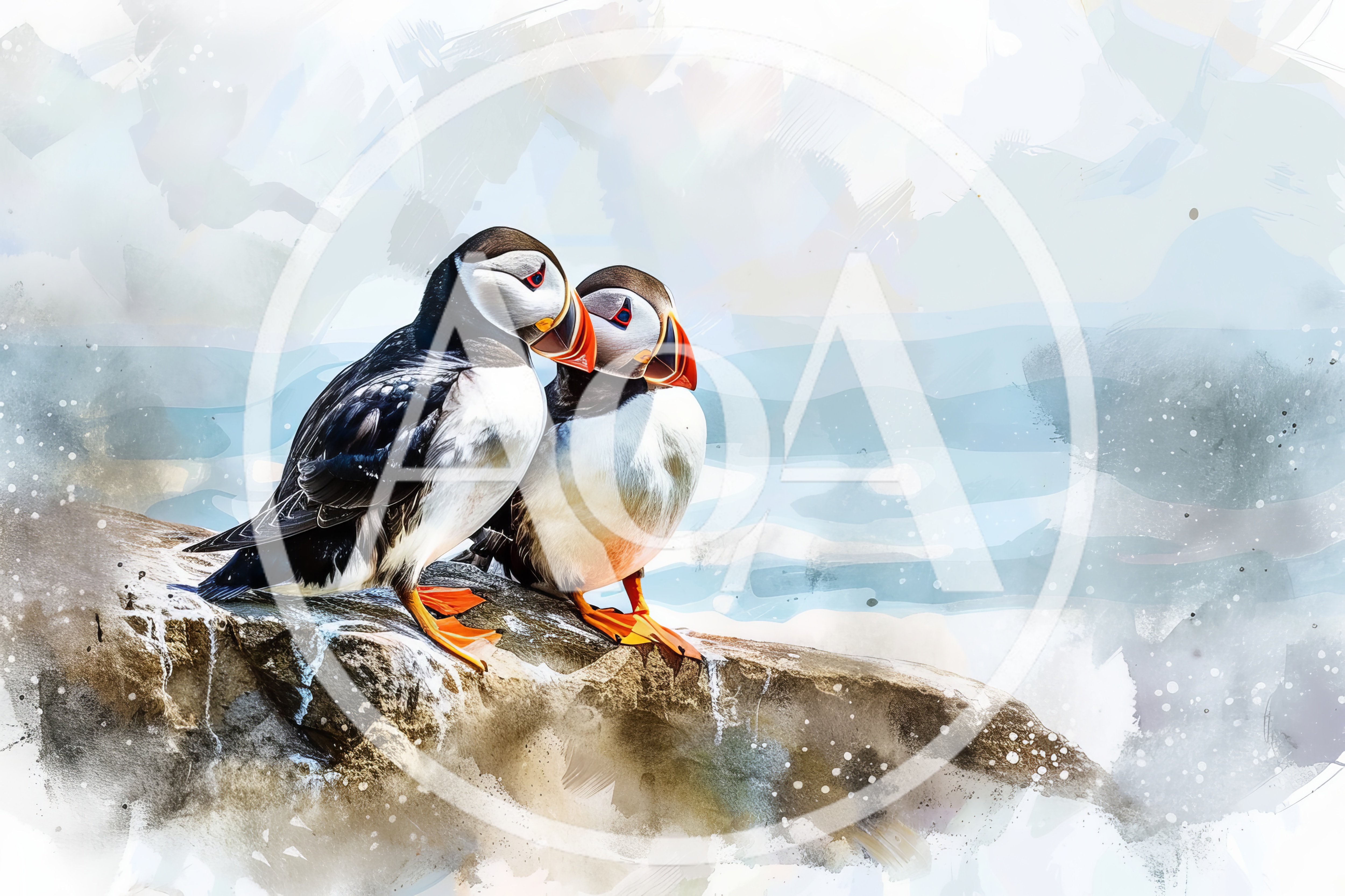 Two Atlantic Puffins Perched Together On A Rocky Cliff