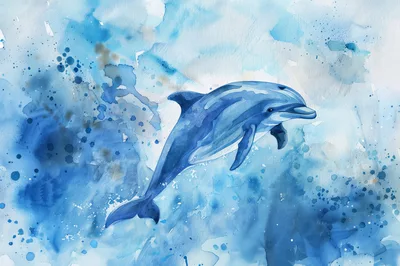 Watercolor Illustration Of A Jumping Blue Dolphin