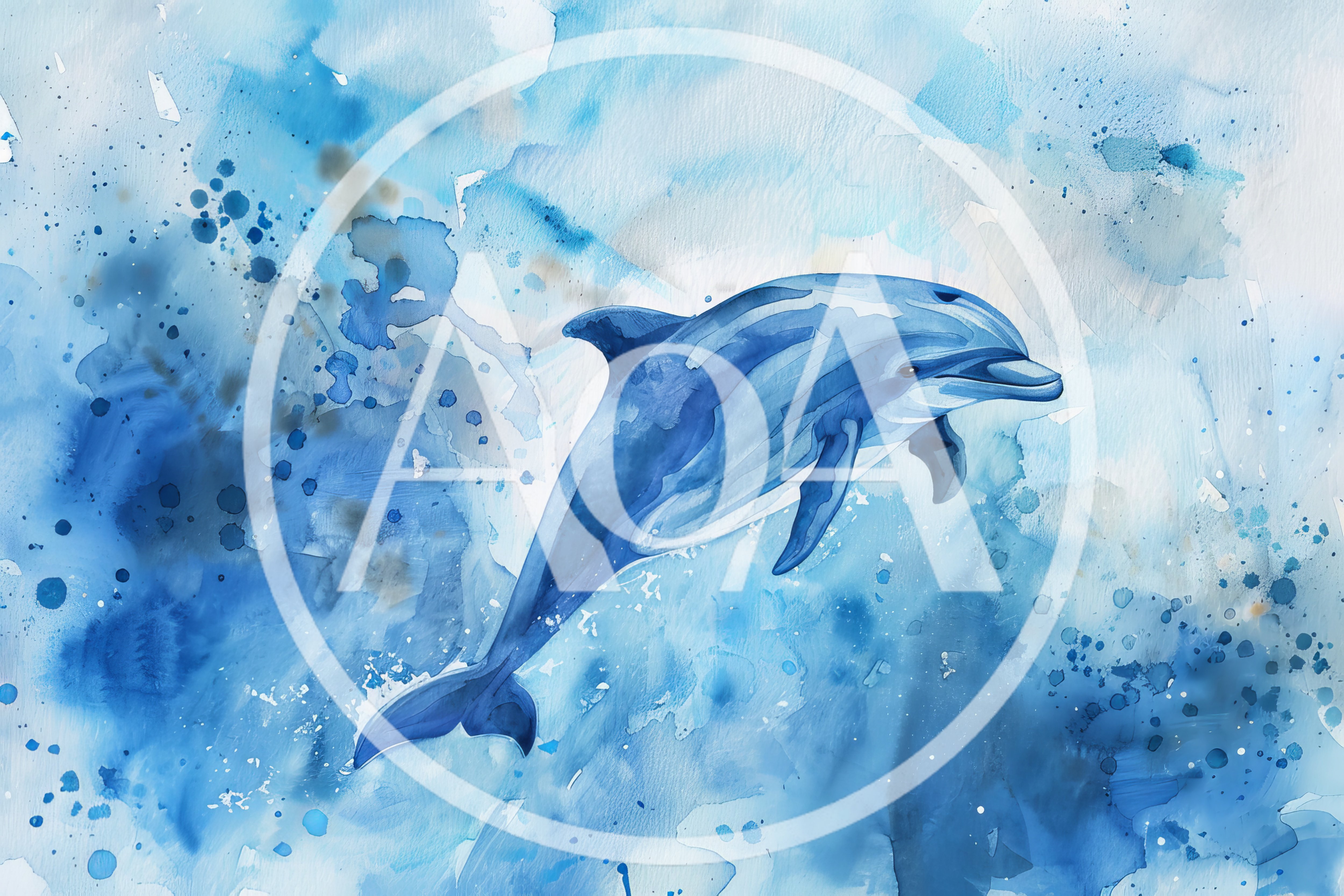 Watercolor Illustration Of A Jumping Blue Dolphin