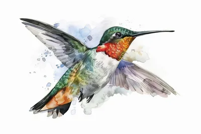 Watercolor Illustration Of A Ruby Throated Hummingbird In Flight