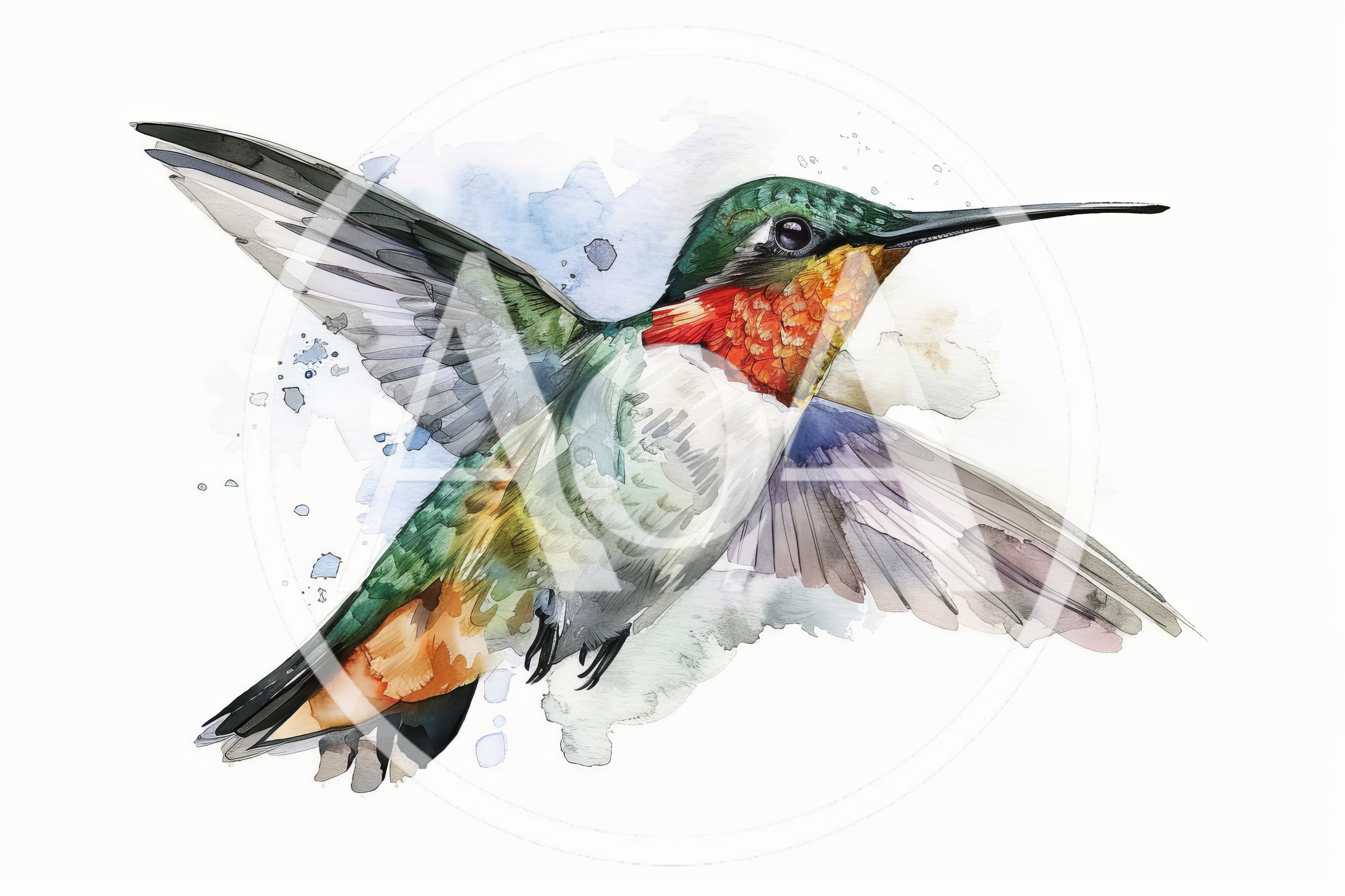 Watercolor Illustration Of A Ruby Throated Hummingbird In Flight