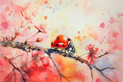 Watercolor Illustration Of A Ladybug On A Flowering Branch