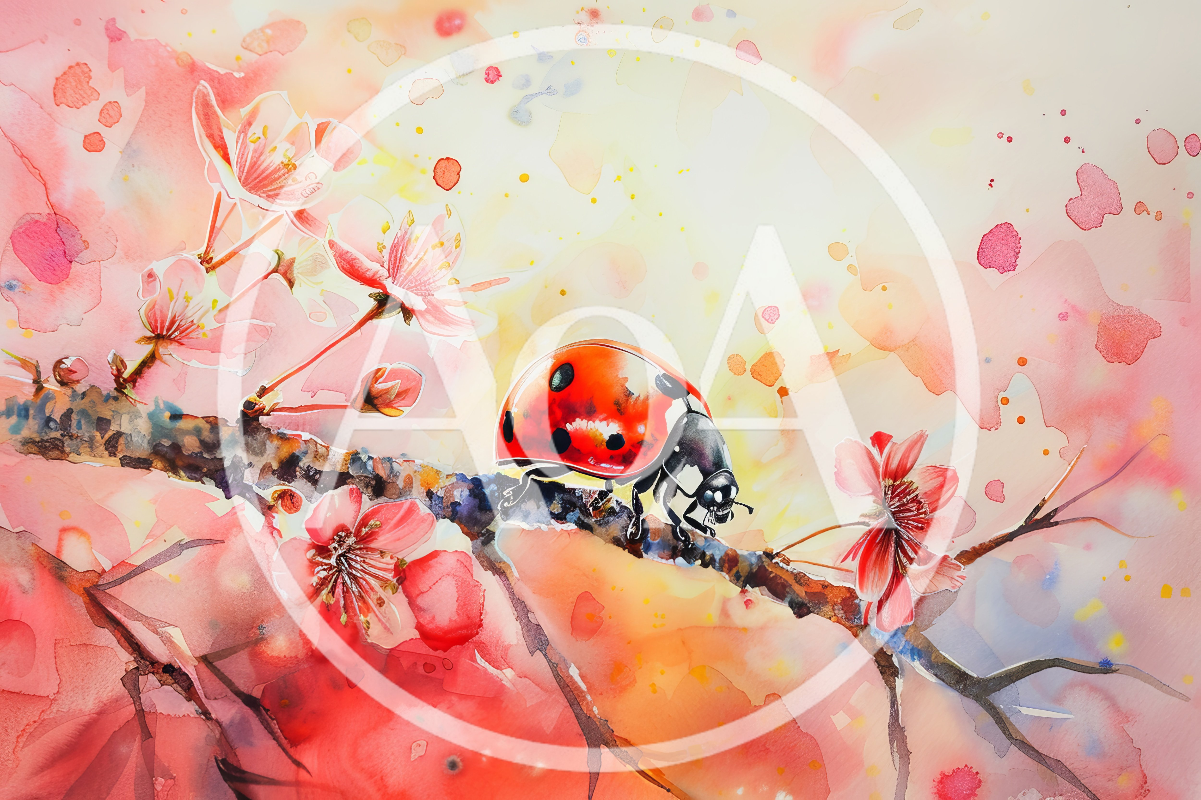 Watercolor Illustration Of A Ladybug On A Flowering Branch