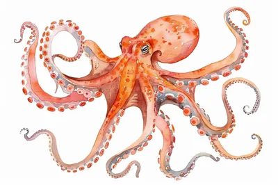 Watercolor Illustration Of A Vibrant Orange Octopus