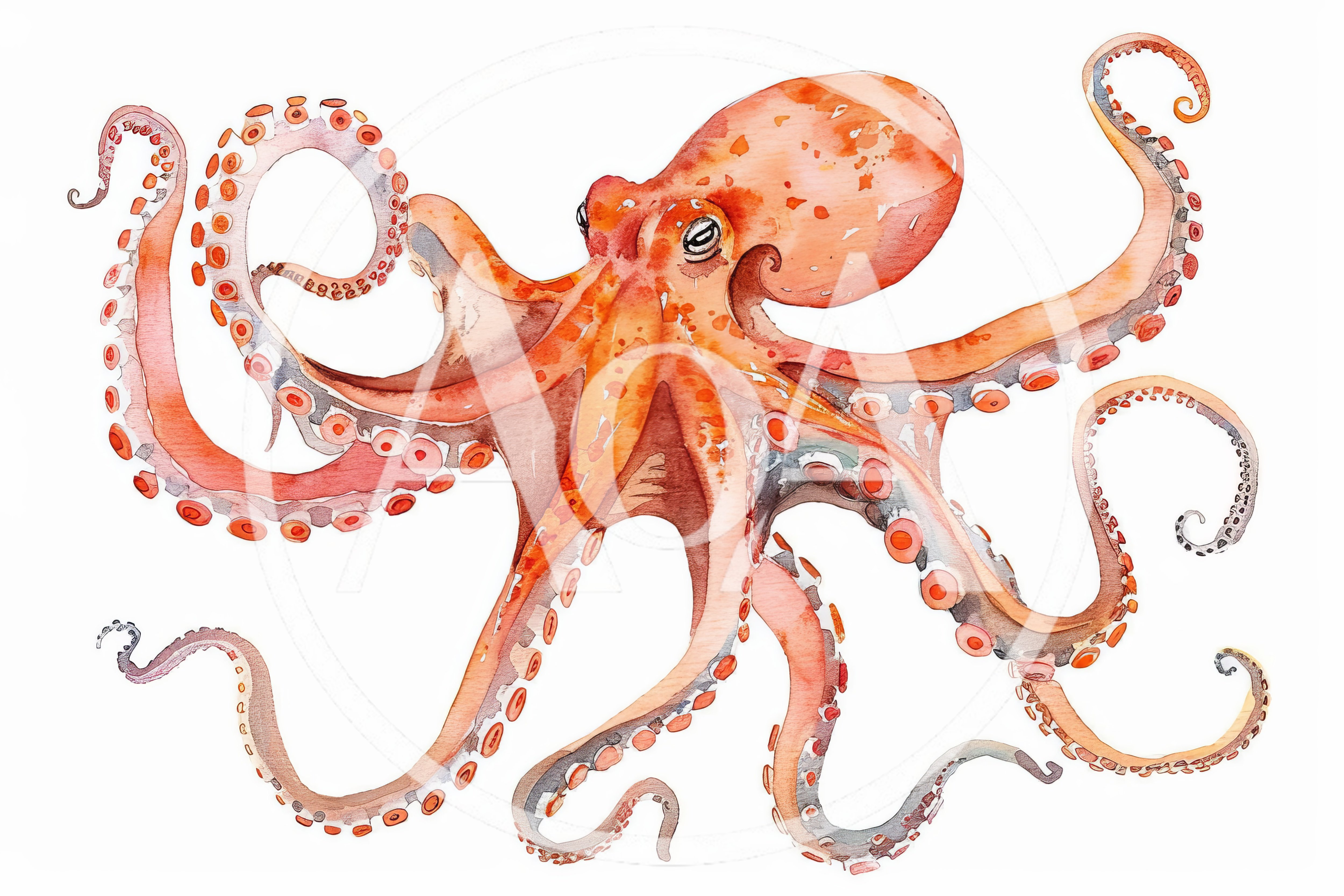 Watercolor Illustration Of A Vibrant Orange Octopus