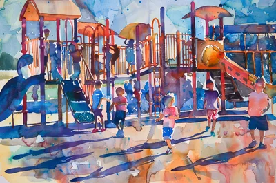 Watercolor Painting Of Children Playing On A Playground