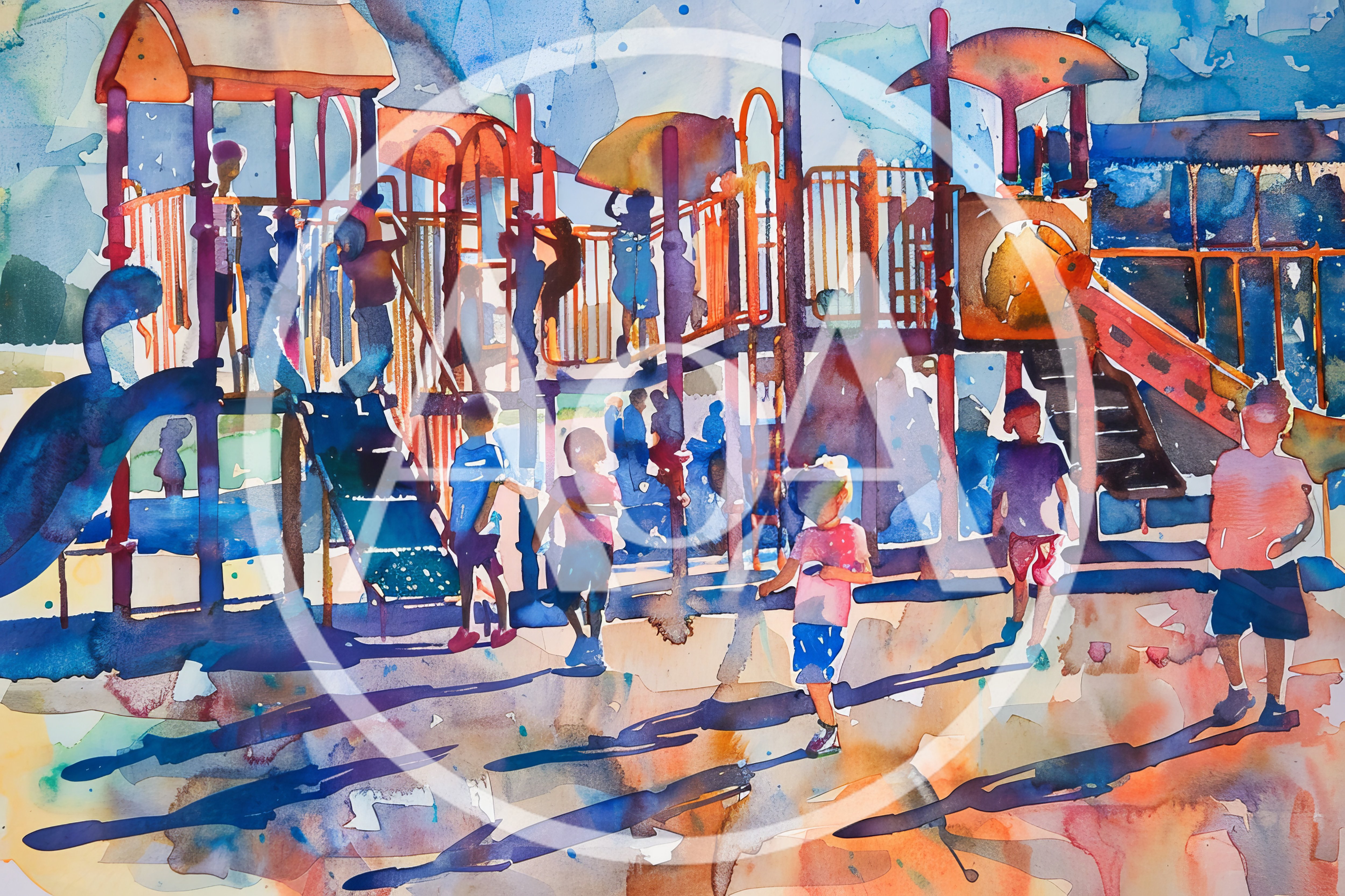 Watercolor Painting Of Children Playing On A Playground