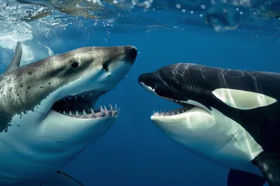 Great White Shark And Orca Facing Each Other Underwater