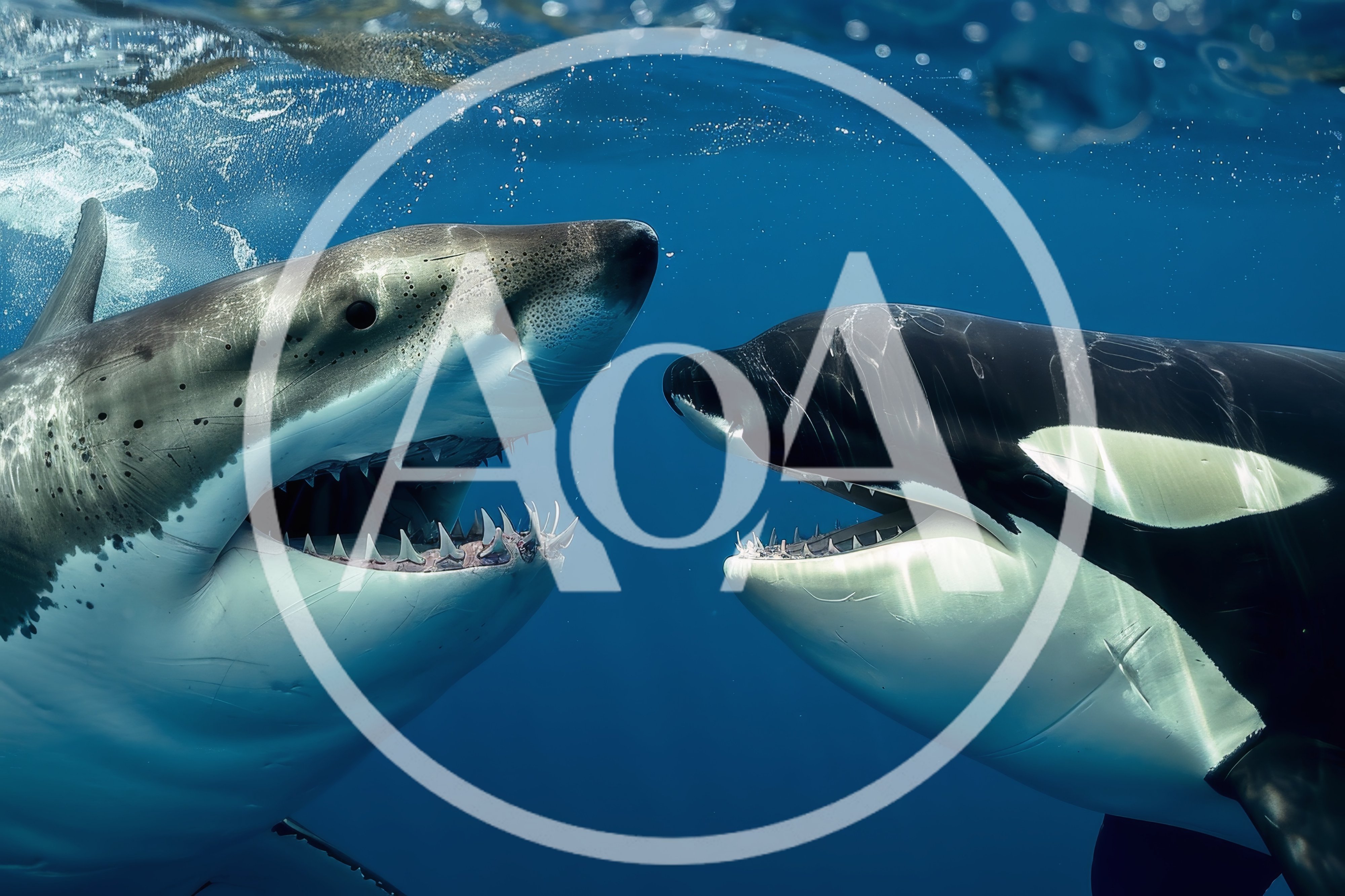 Great White Shark And Orca Facing Each Other Underwater