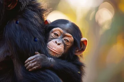 Baby Chimpanzee Clinging To Its Mother
