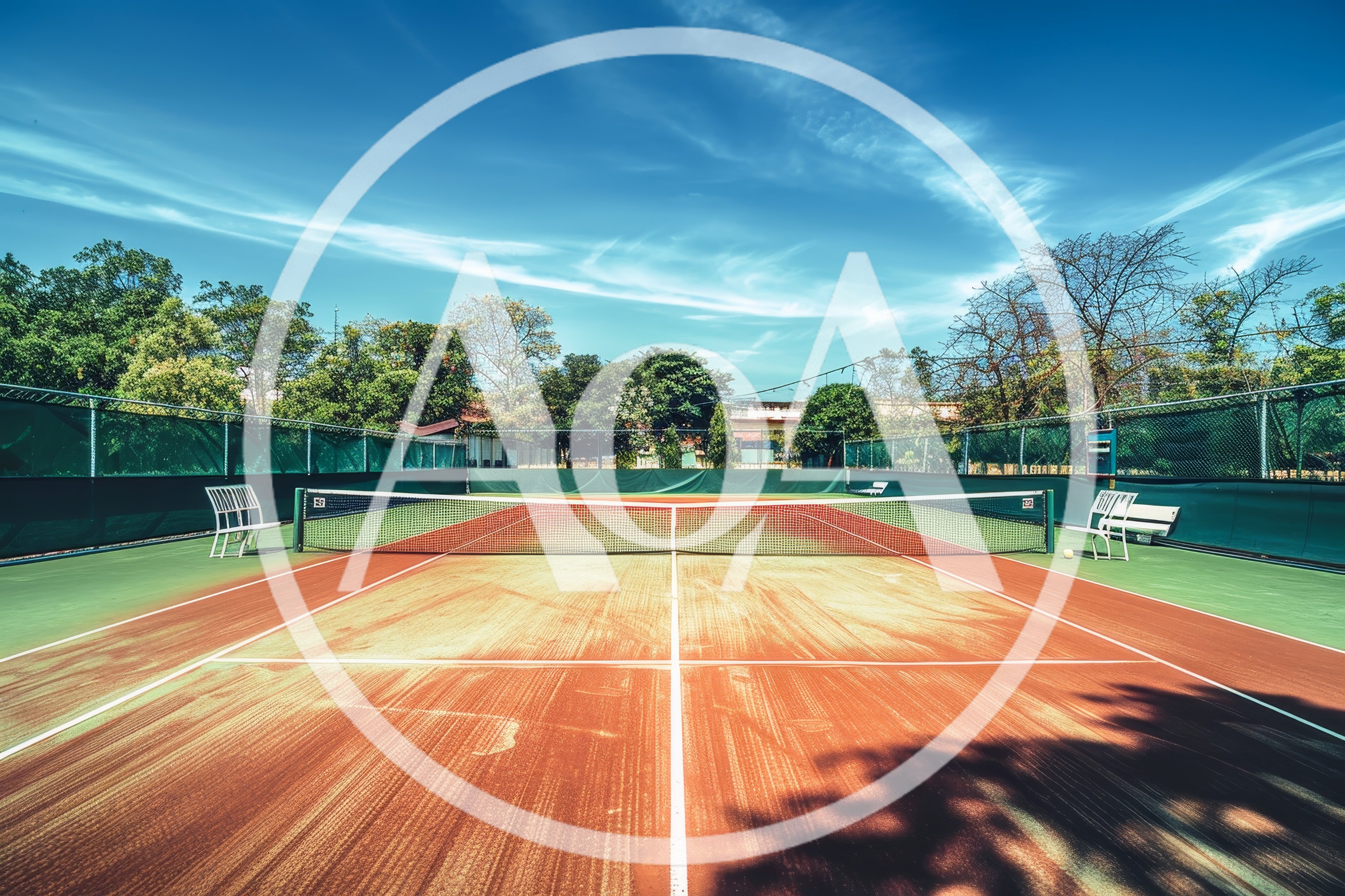 Empty Clay Tennis Court Under Bright Blue Sky