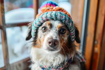 Australian Shepherd Dog Wearing A Colorful Winter Hat