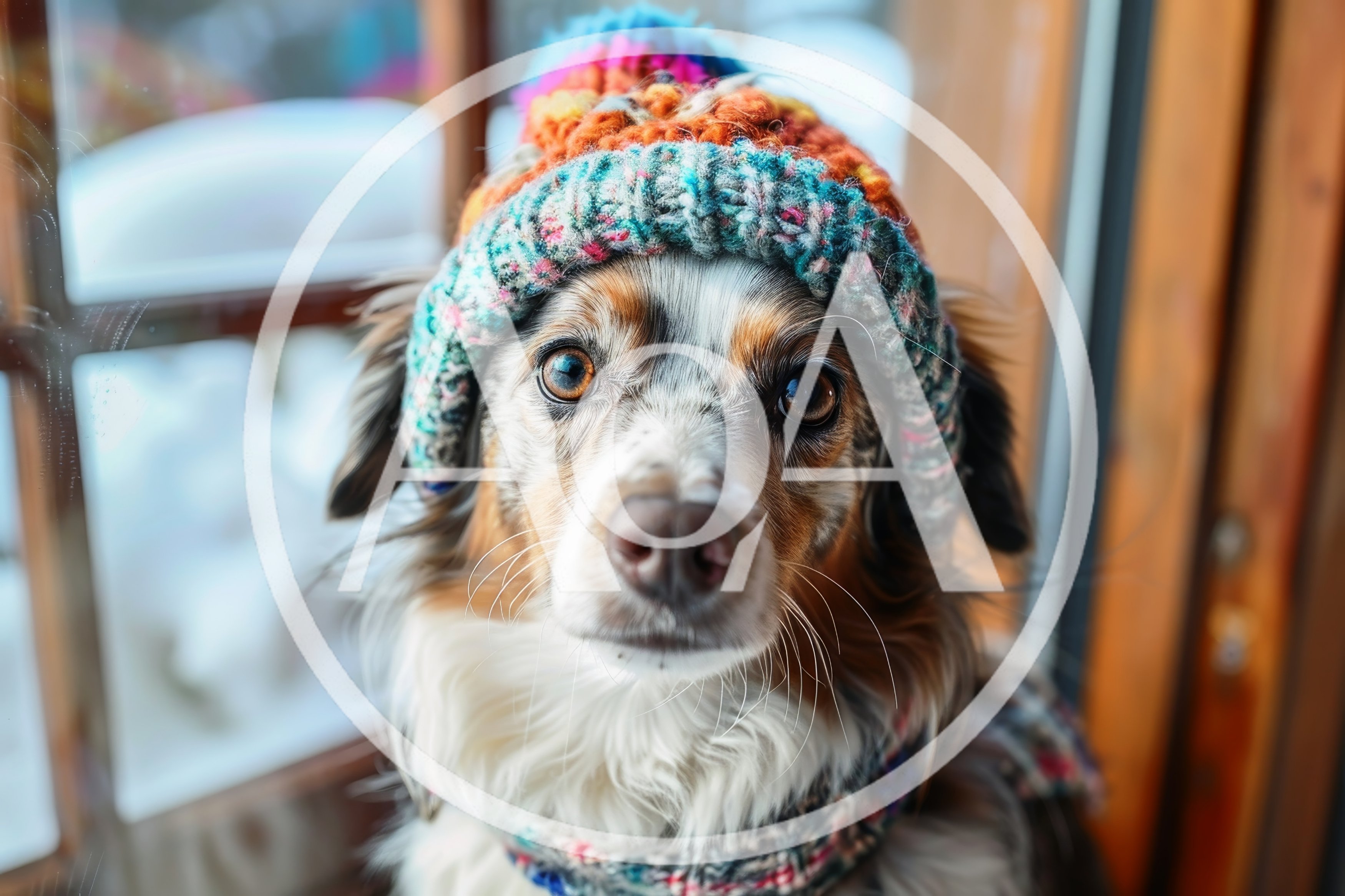 Australian Shepherd Dog Wearing A Colorful Winter Hat