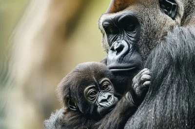 Mother Gorilla Holding Her Newborn Infant