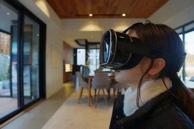Young Woman Wearing Virtual Reality Headset In Modern Home