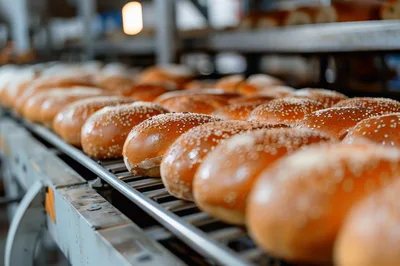 Freshly Baked Hamburger Buns on Industrial Conveyor Belt