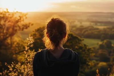 Woman Standing Alone Looking At Sunset Over Landscape