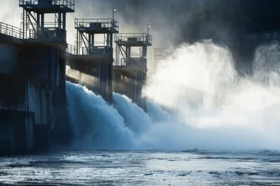 Water Rushing Through Open Dam Spillway Gates