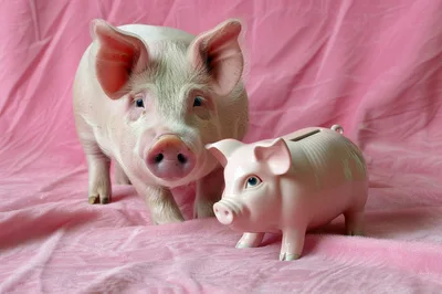 Real Piglet Standing Beside A Ceramic Piggy Bank