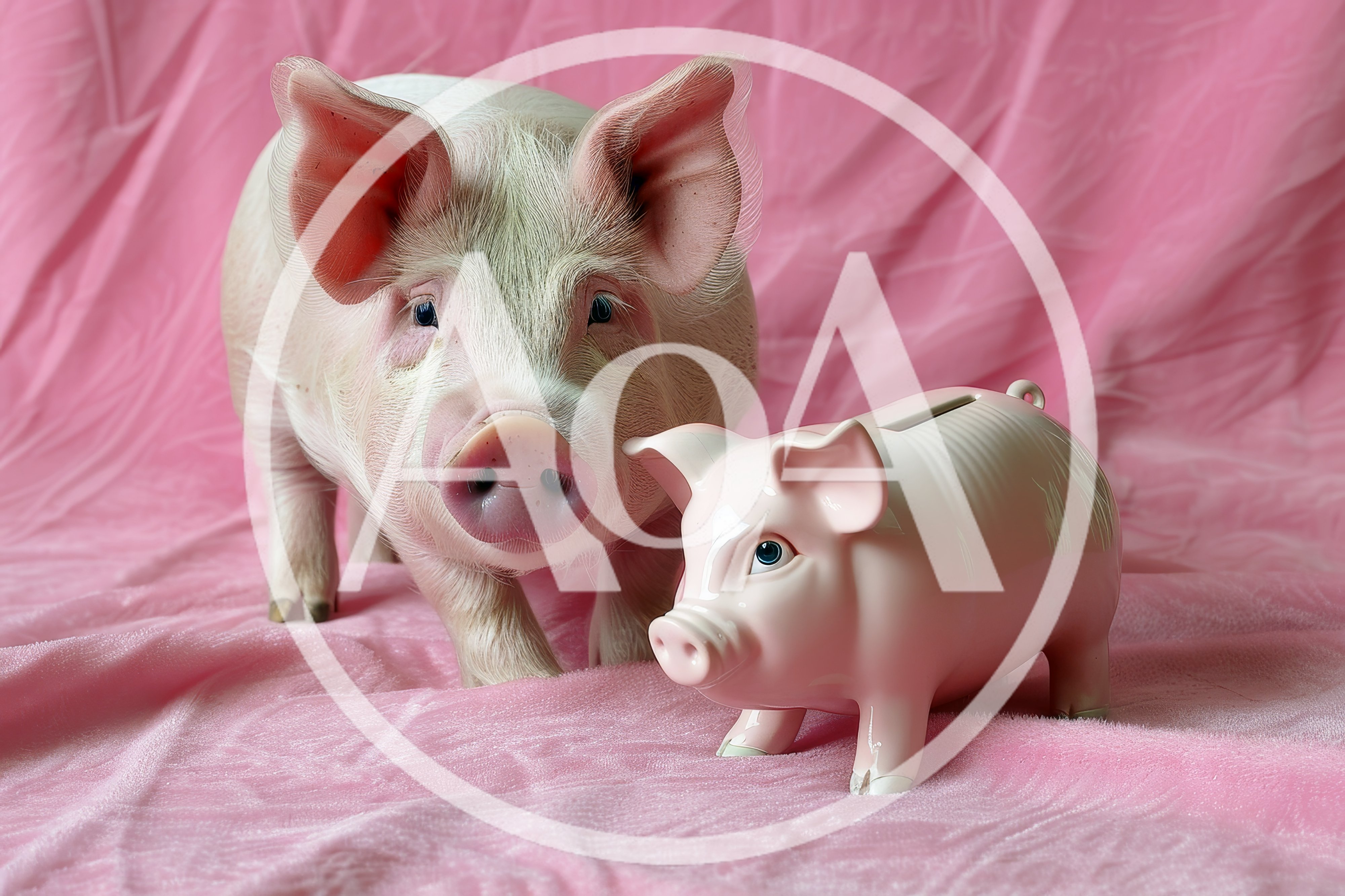Real Piglet Standing Beside A Ceramic Piggy Bank