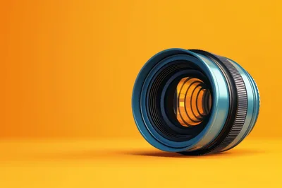 Blue Camera Lens Isolated On Orange Background