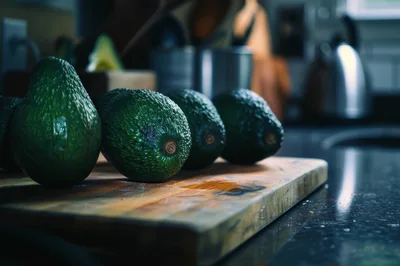 Fresh Whole Avocados Resting On A Wooden Cutting Board