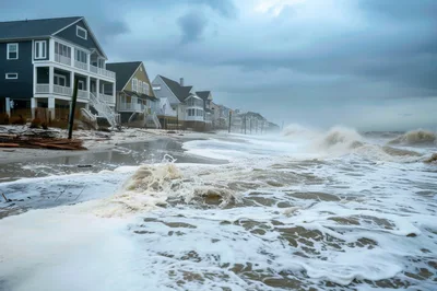 Stormy Ocean Waves Crashing Against Coastal Beach Houses