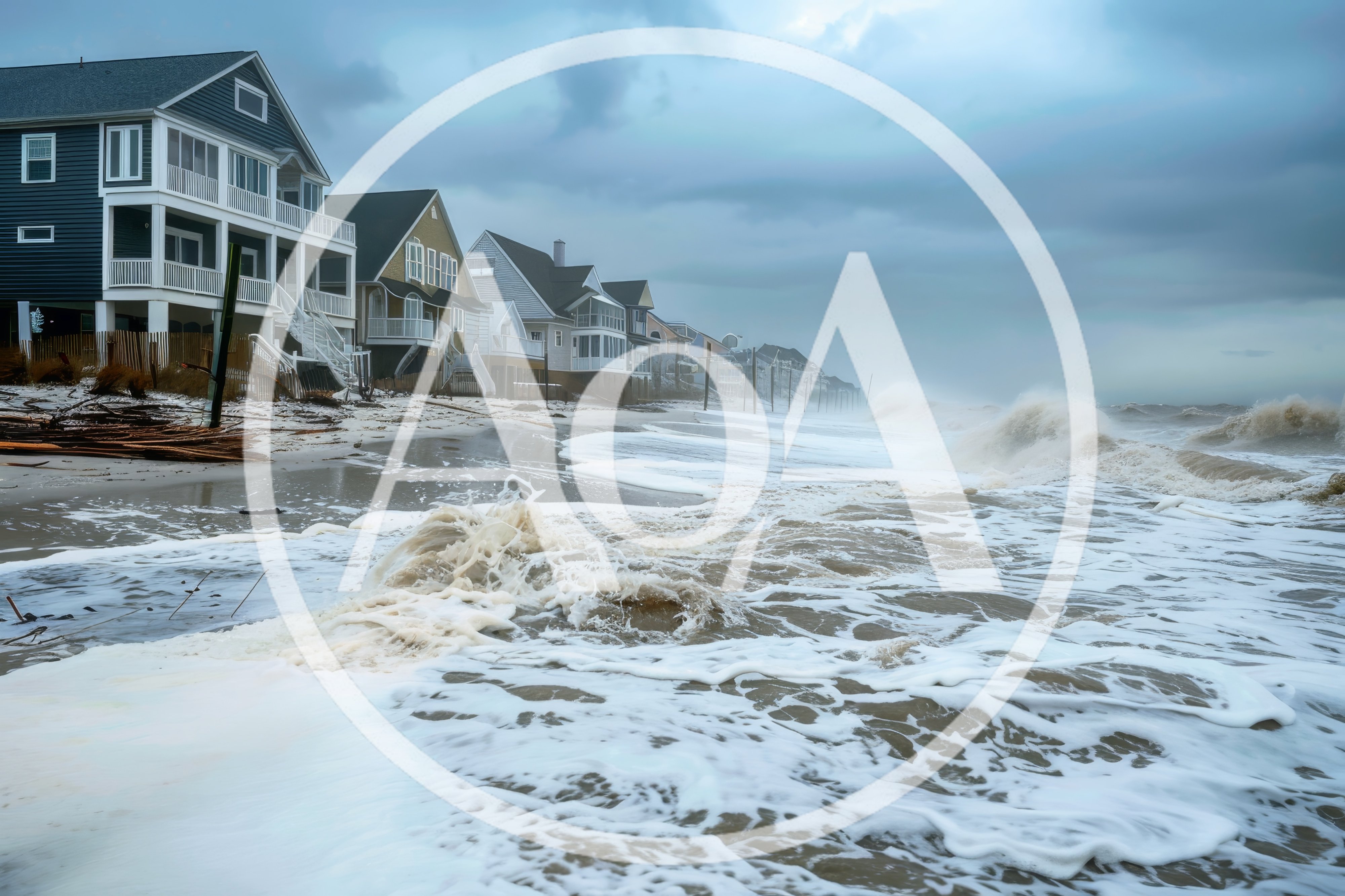 Stormy Ocean Waves Crashing Against Coastal Beach Houses