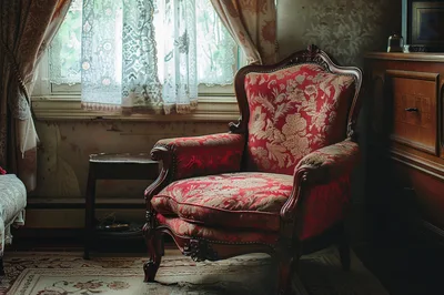 Vintage Red Floral Armchair In A Sunlit Room