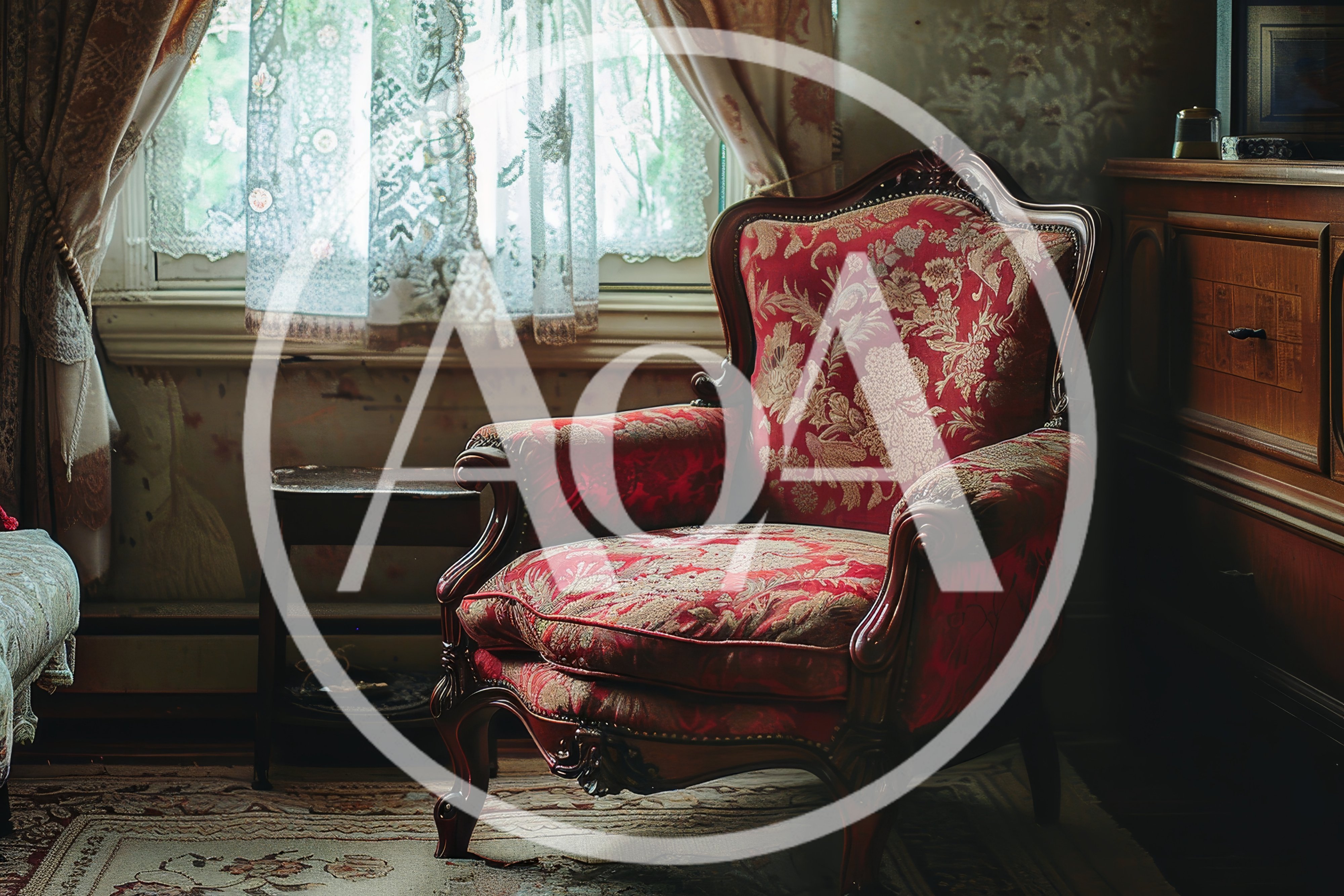 Vintage Red Floral Armchair In A Sunlit Room