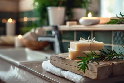 Spa Setting With Natural Soap And Rosemary