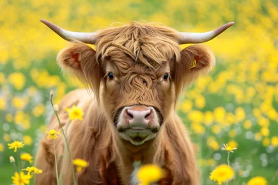 Highland Cow Standing In A Field Of Yellow Flowers