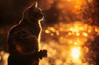 Tabby Cat Sitting By A Golden Sunset Pond