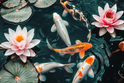 Koi Fish Swimming Among Pink Water Lilies