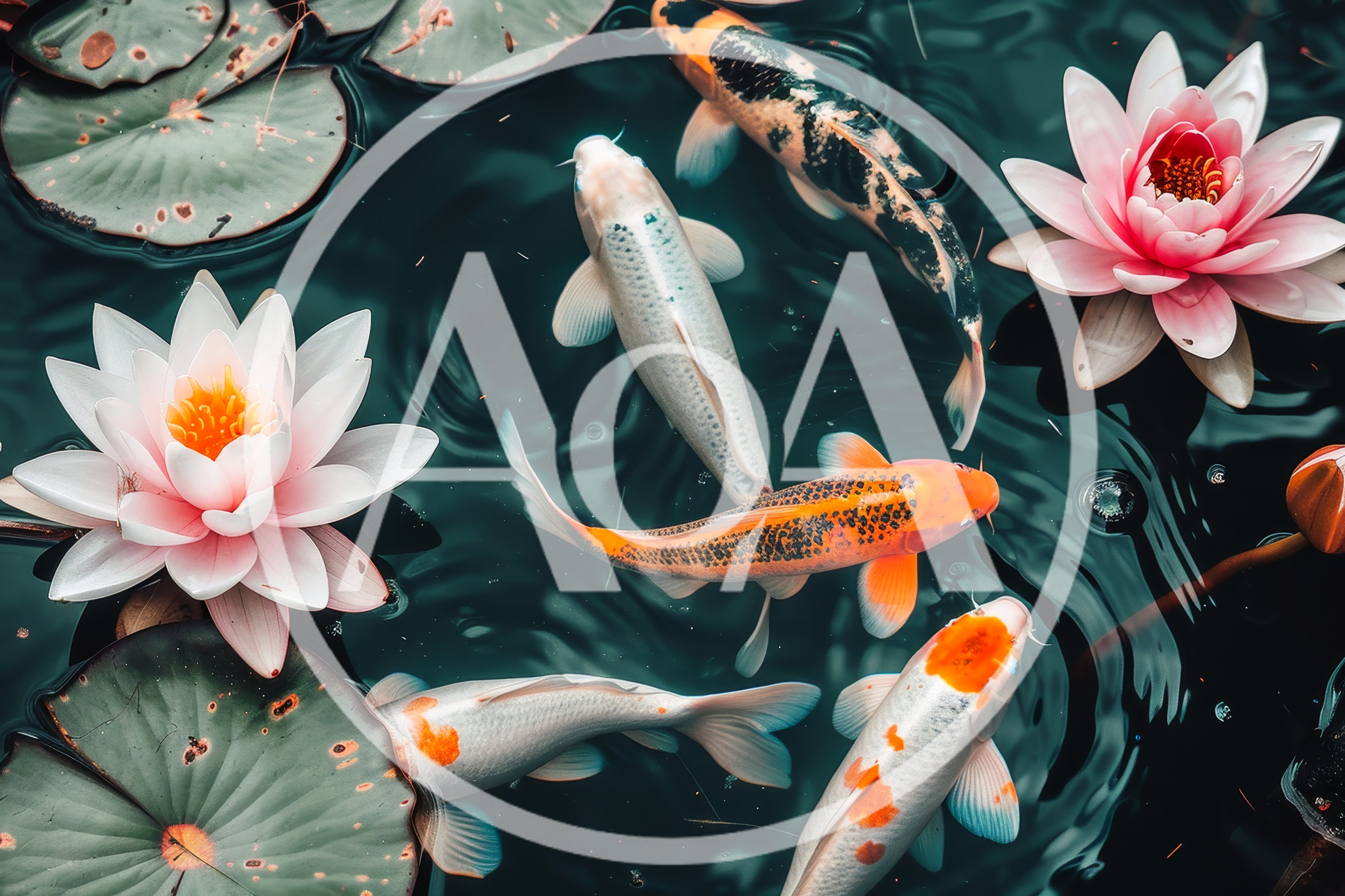 Koi Fish Swimming Among Pink Water Lilies