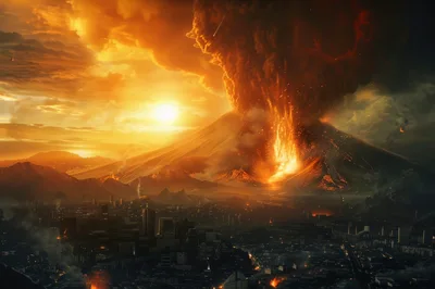 Catastrophic Volcanic Eruption Over A Modern City