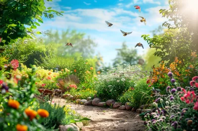 Birds Flying Over A Lush Sunny Garden Path