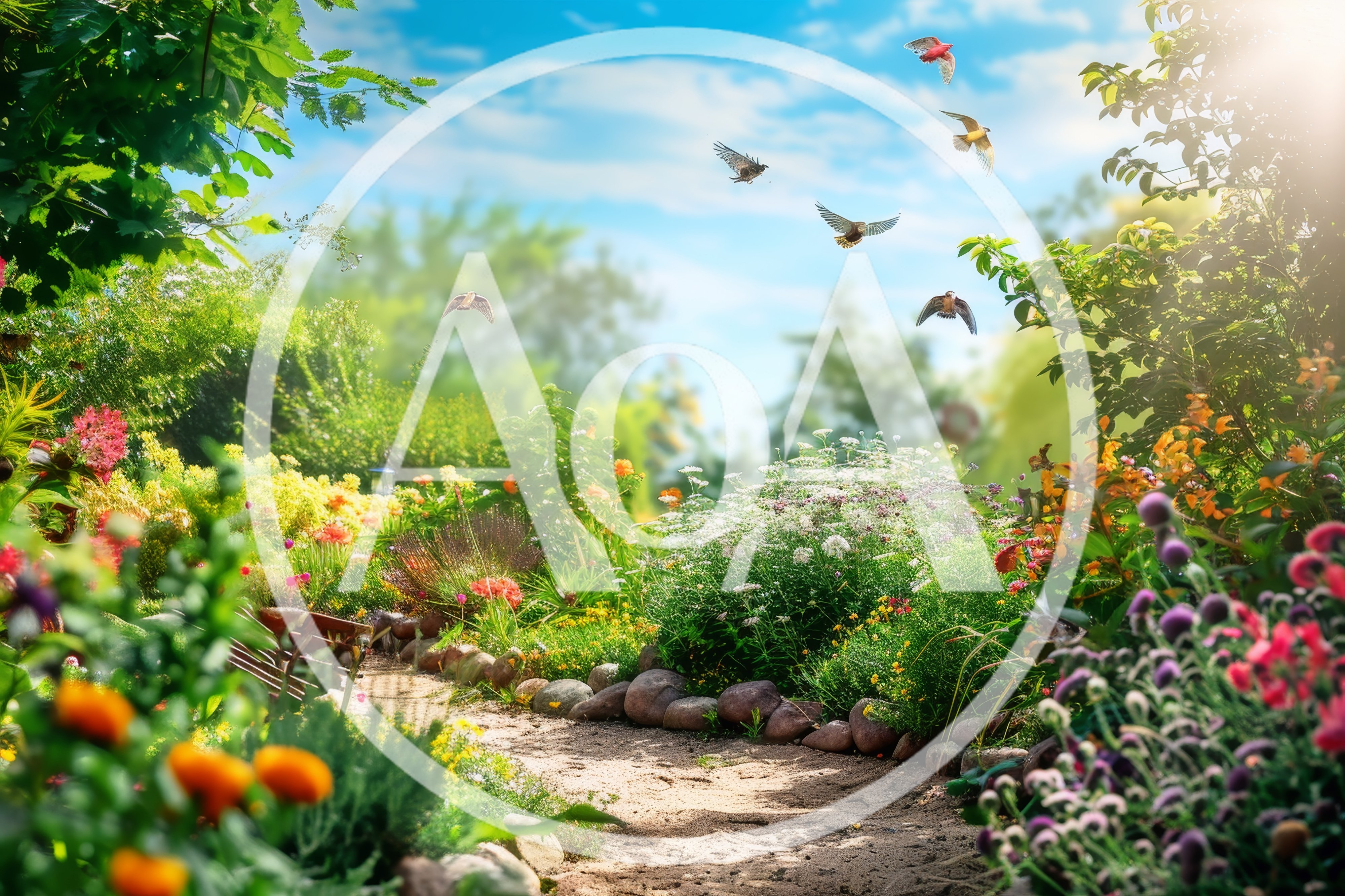 Birds Flying Over A Lush Sunny Garden Path